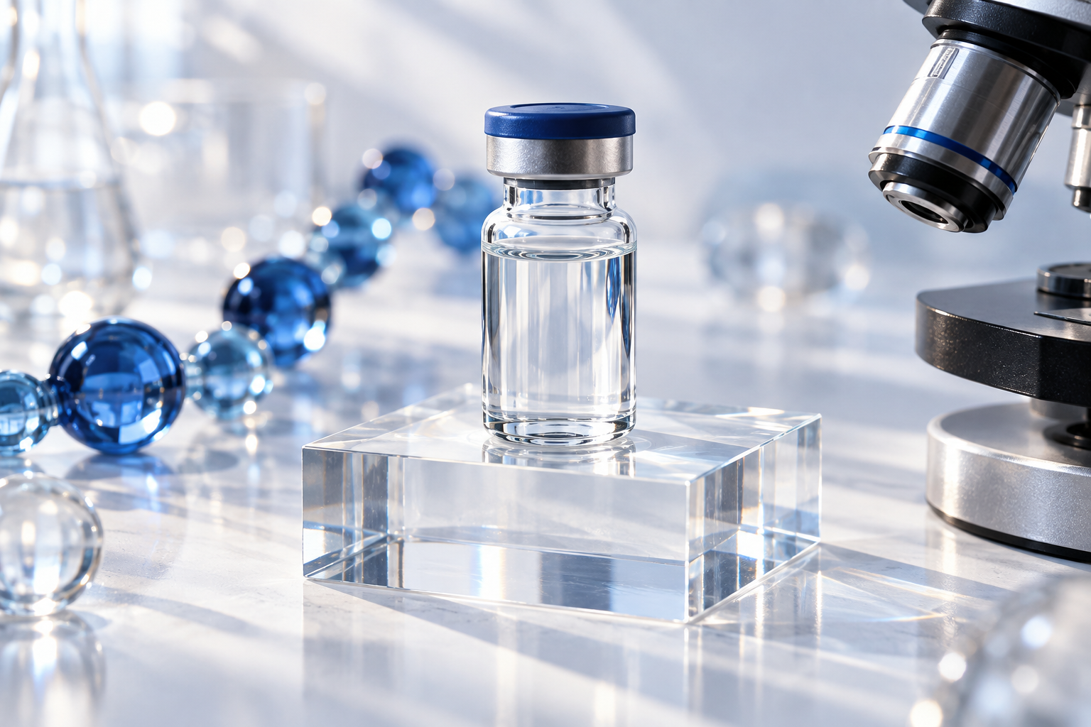 Исследовательский флакон и оптика микроскопа — иллюстрация изучения BPC-157.