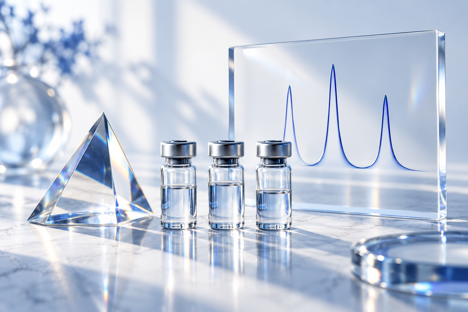 Аналитические флаконы, призма и условные пики — образ контроля качества пептидов.