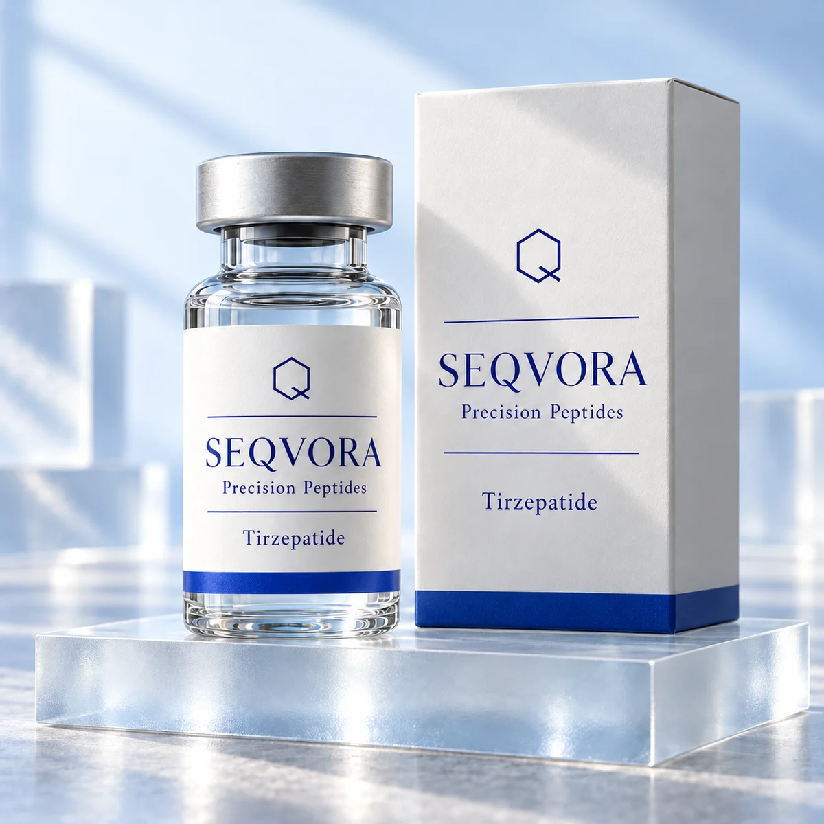 Tirzepatide — бело-синяя концепция упаковки SEQVORA