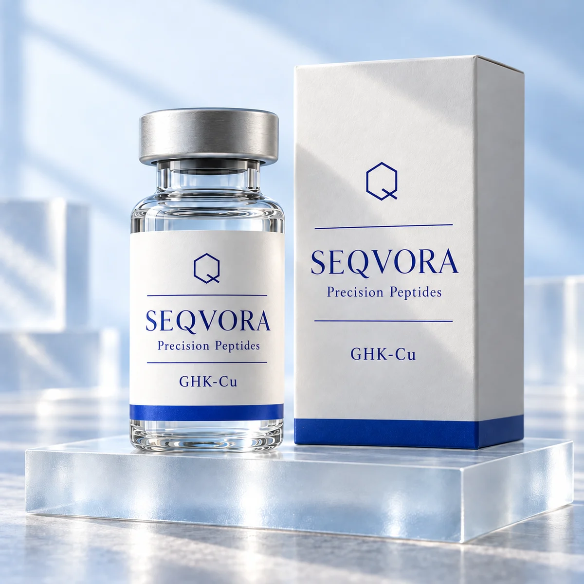 GHK-Cu — бело-синяя концепция упаковки SEQVORA